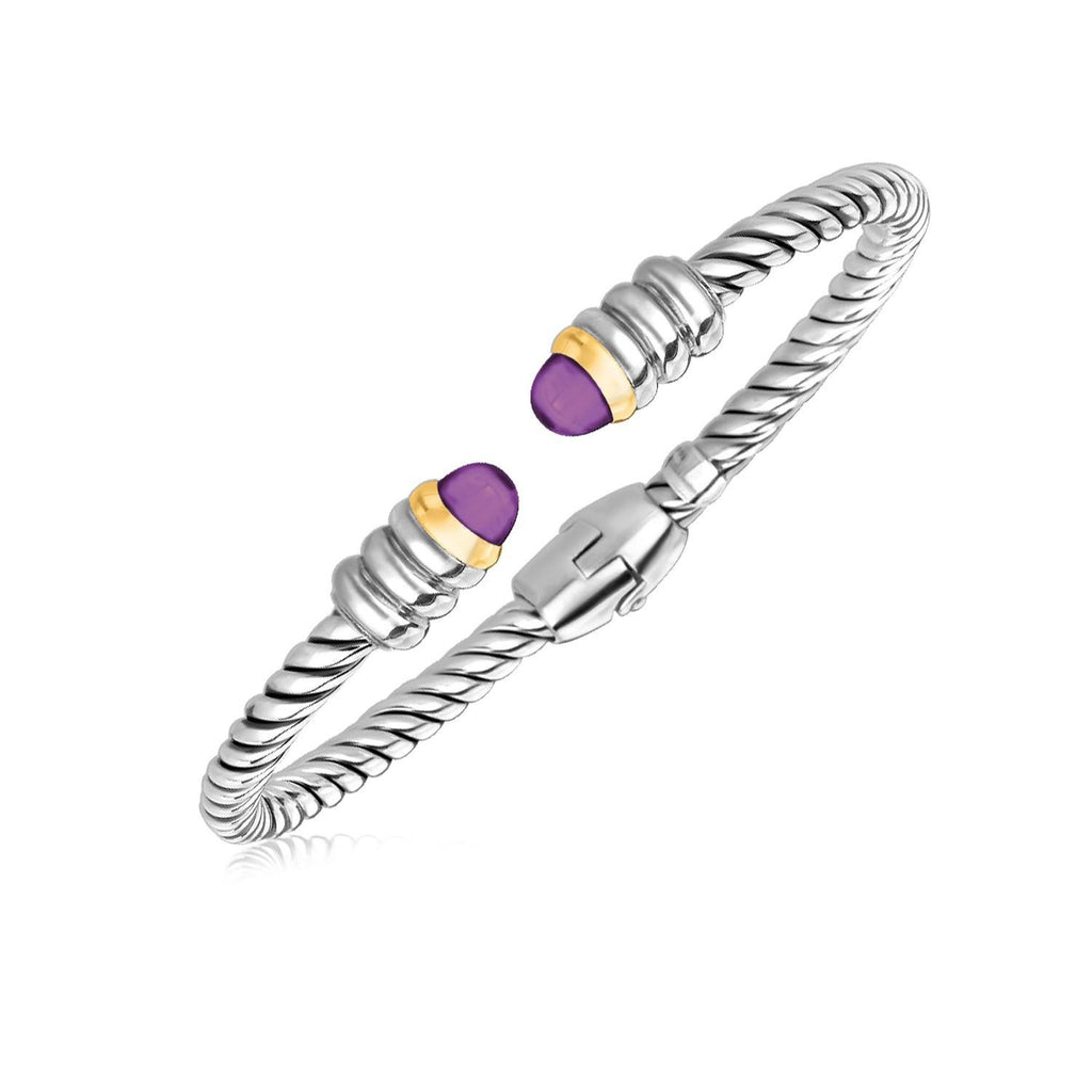 18K Yellow Gold and Sterling Silver Italian Cable Bangle with Amethyst Dome Ends