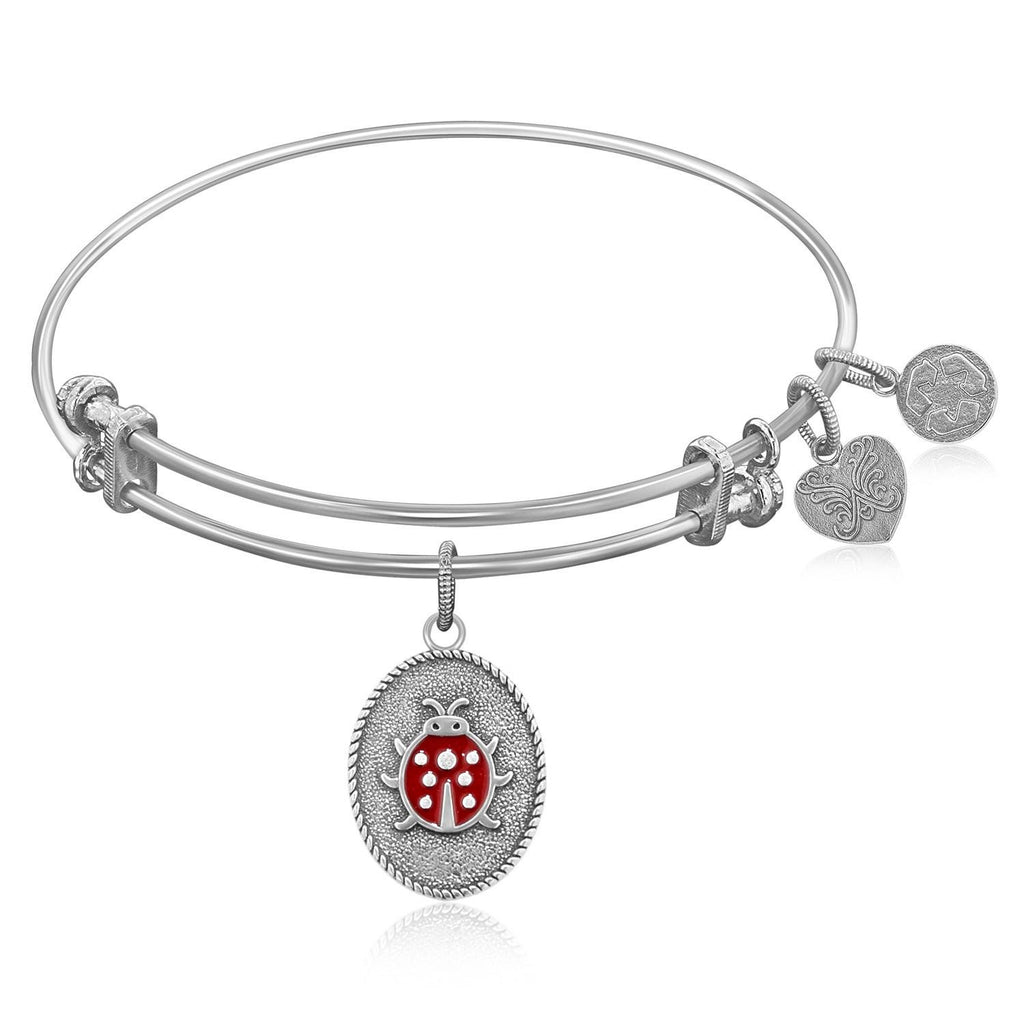 Expandable Bangle in White Tone Brass with Ladybug Love Luck Symbol