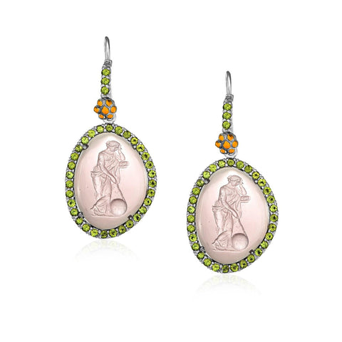 18K Yellow Gold & Sterling Silver Peridot Venetian Glass Cameo Earrings