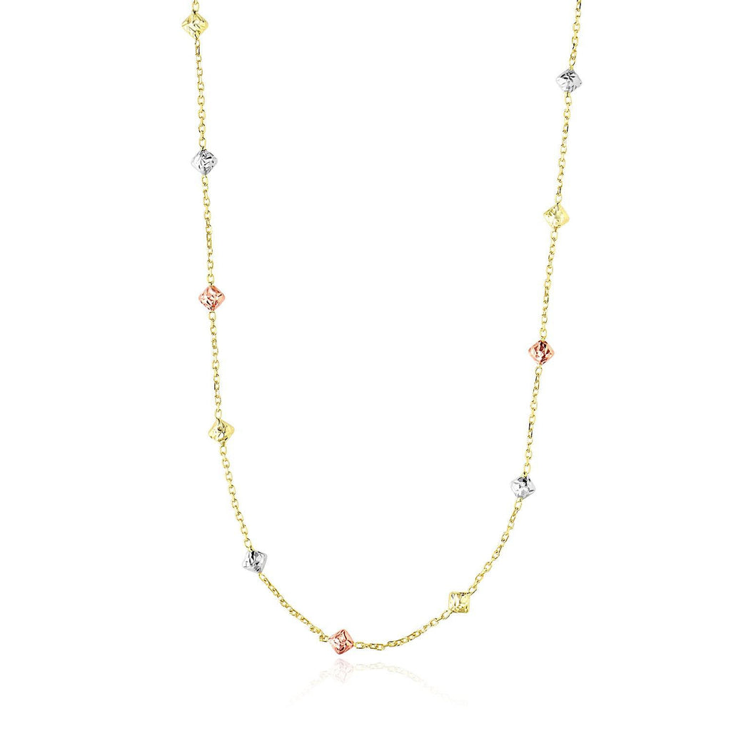 14K Tri-Color Gold Necklace with Faceted Diamond Shape Stations