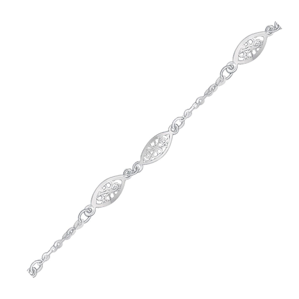 14K White Gold Filigree Marquise Stationed Anklet