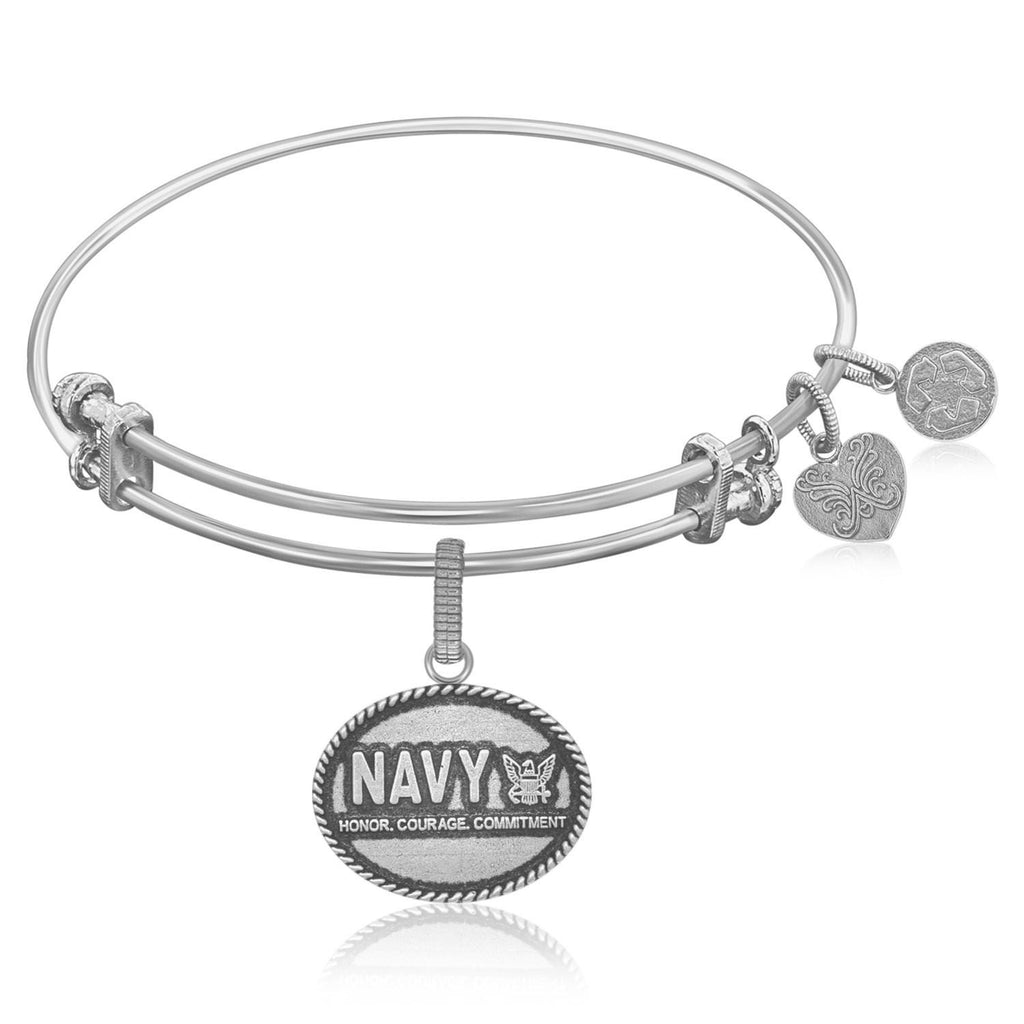 Expandable Bangle in White Tone Brass with Navy Honor Courage Commitment Symbol