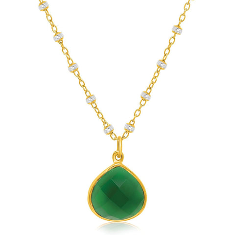 Sterling Silver Yellow Gold Plated Teardrop Pendant with a Green Onyx Accent