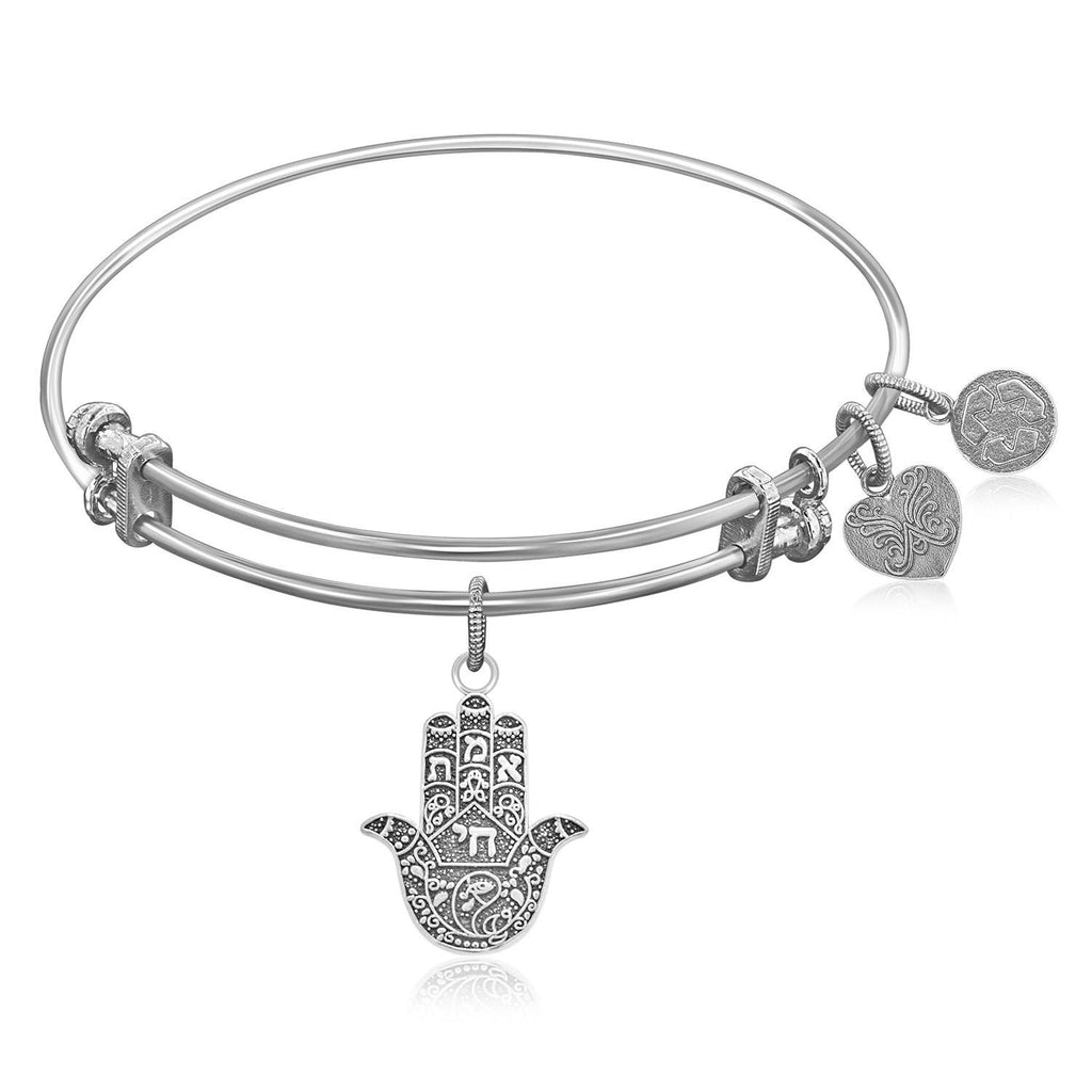 Expandable Bangle in White Tone Brass with Hamsa Hand Symbol