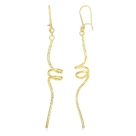 14K Yellow Gold Coil with Diamond Cut Drop Style Earrings