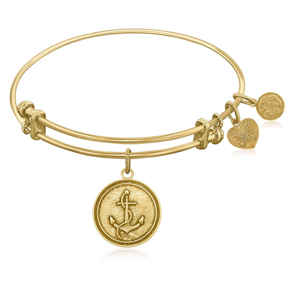 Expandable Bangle in Yellow Tone Brass with Anchor Secure Future Symbol