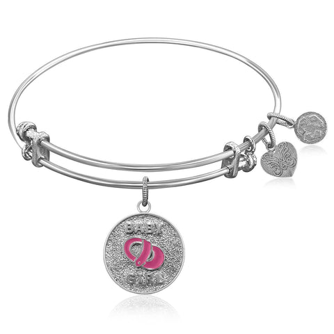 Expandable Bangle in White Tone Brass with Baby Girl Symbol