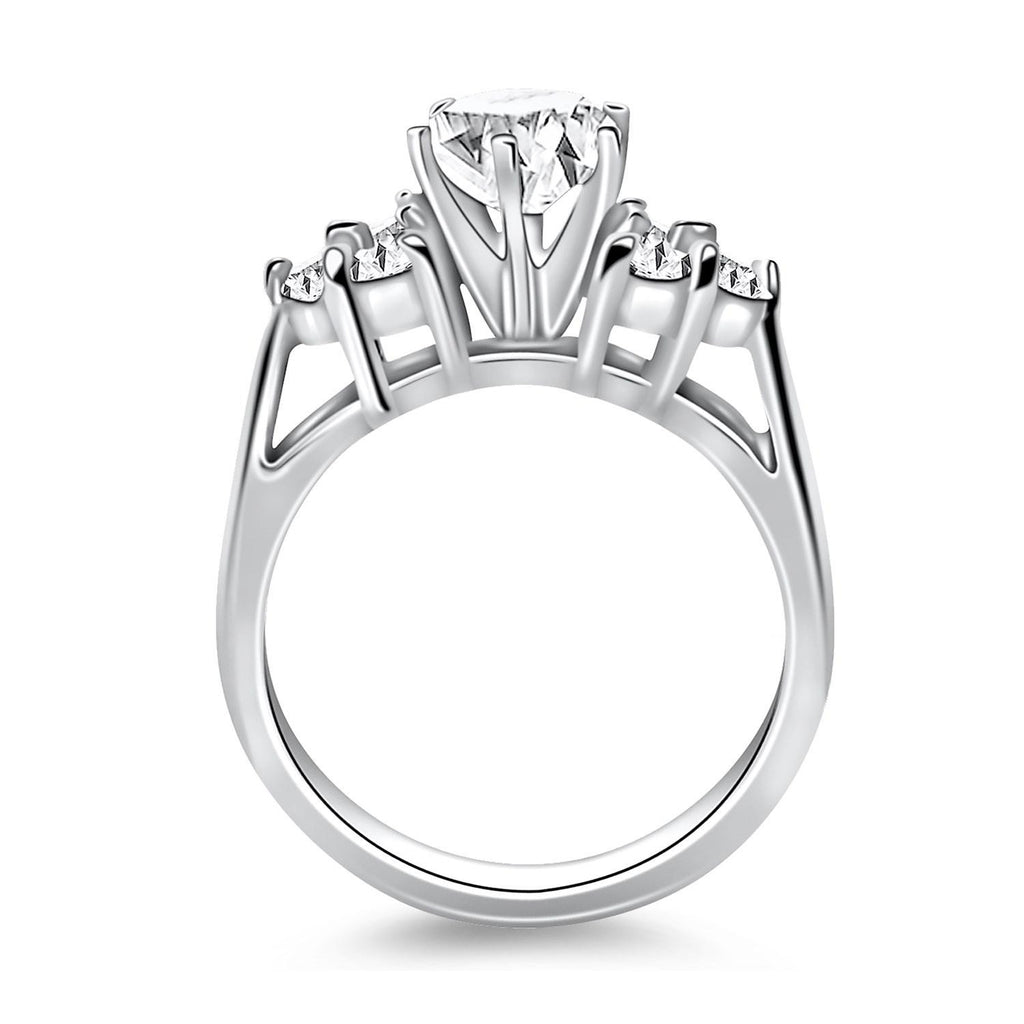 14K White Gold Cathedral Engagement Ring with Side Diamond Clusters