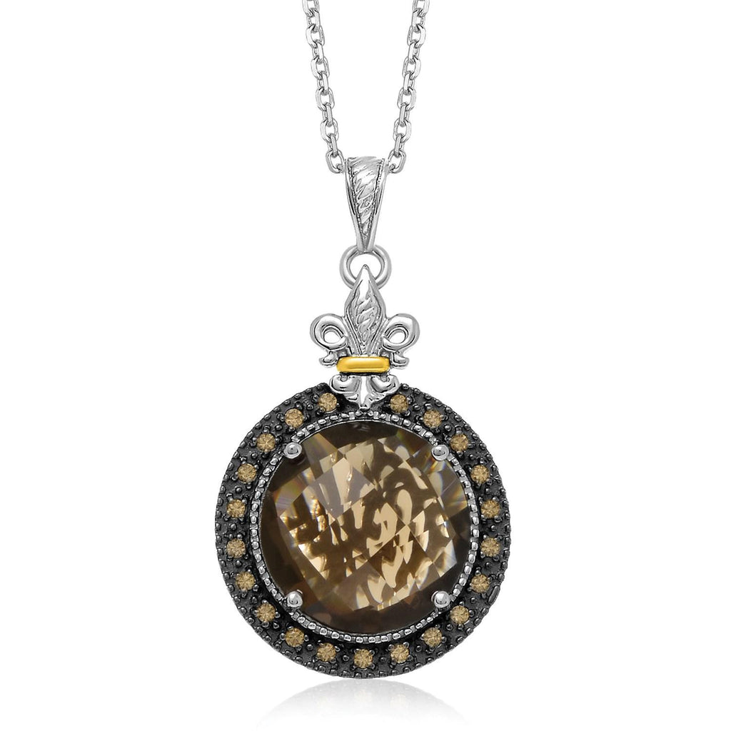 18K Yellow Gold & Sterling Silver Smokey Quartz and Coffee Diamond Round Pendant