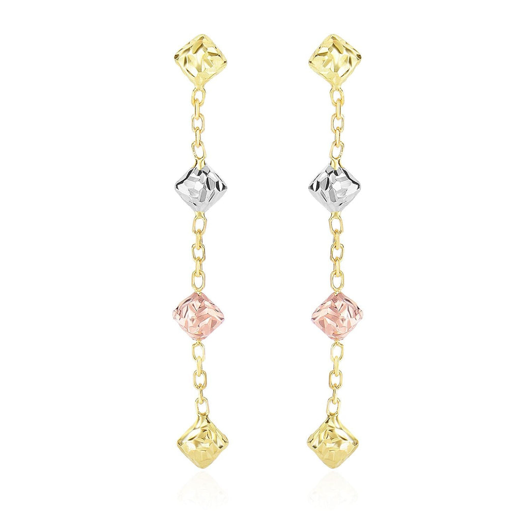 14K Tri-Color Gold Diamond Shape with Diamond Cuts Chain Dangling Earrings