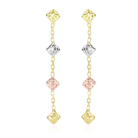 14K Tri-Color Gold Diamond Shape with Diamond Cuts Chain Dangling Earrings