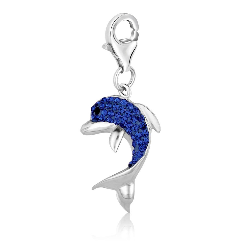 Sterling Silver Dolphin Charm with Blue Tone Crystal Accents