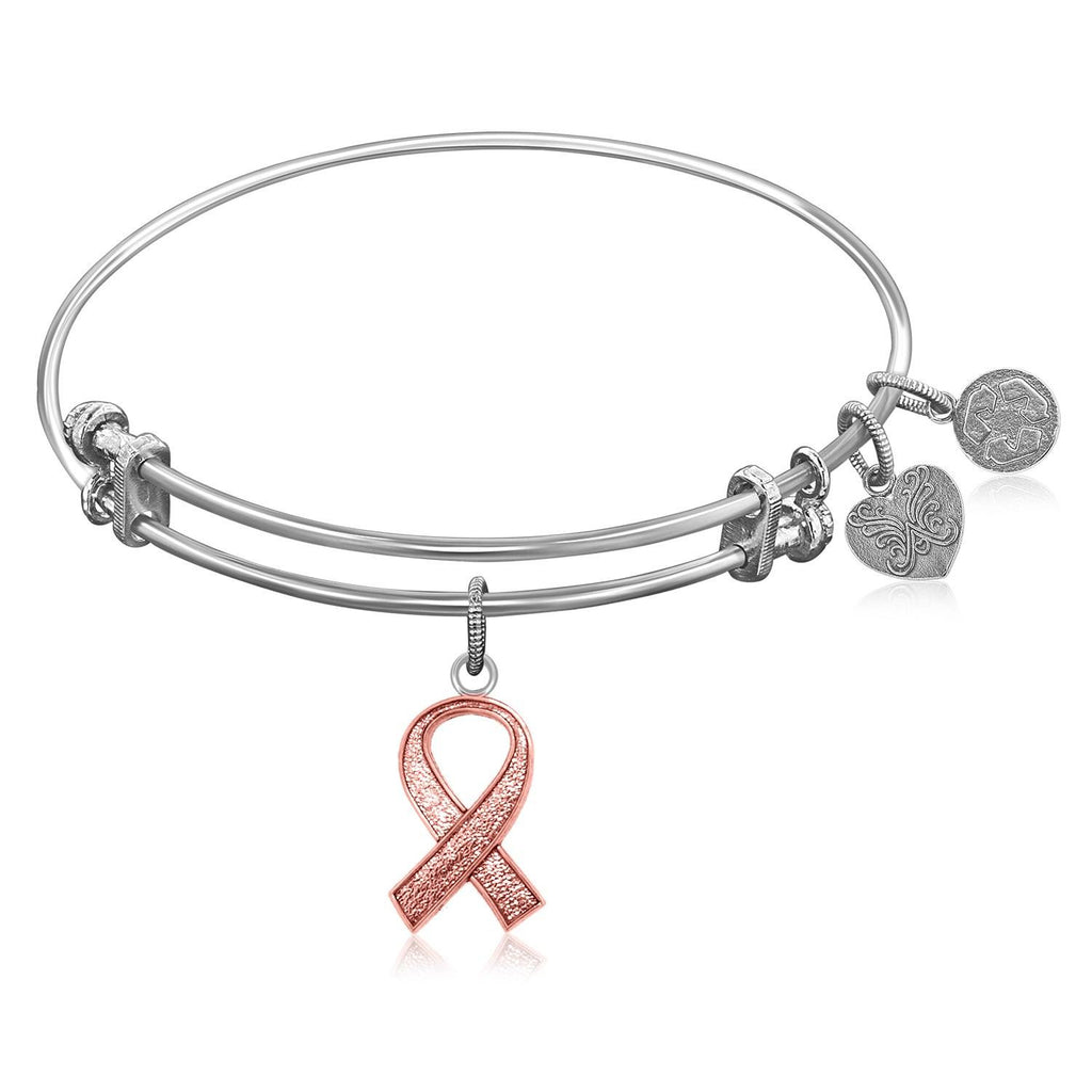 Expandable Bangle in White Tone Brass with Awareness and Support Ribbon Symbol