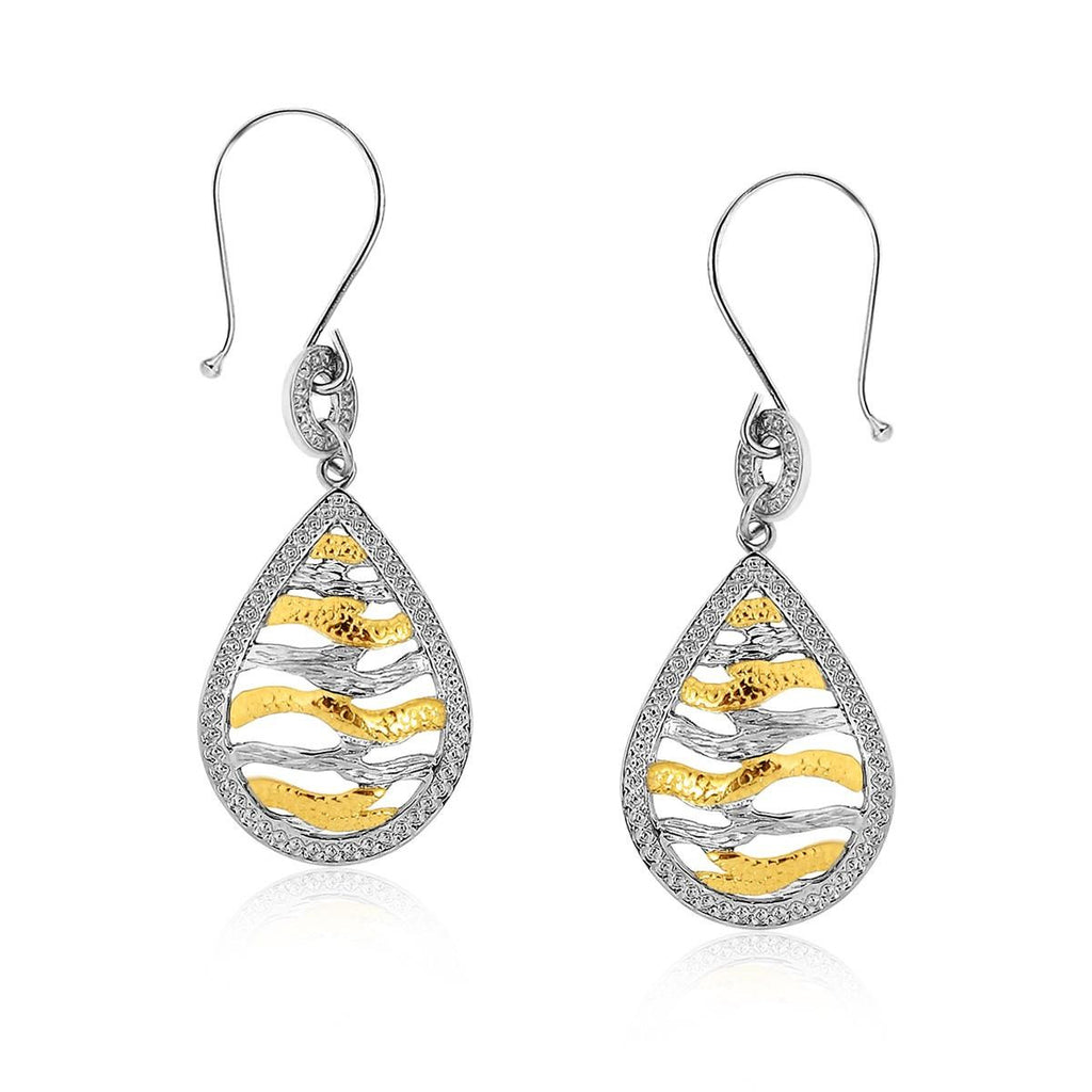 Designer Sterling Silver and 14K Yellow Gold Teardrop Wave Earrings