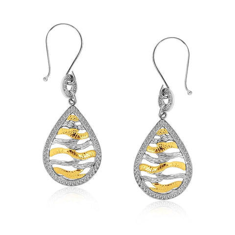 Designer Sterling Silver and 14K Yellow Gold Teardrop Wave Earrings