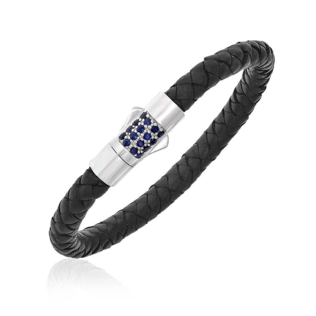 Sterling Silver Braided Leather Bracelet with Blue Sapphires