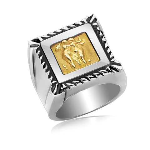 18K Yellow Gold and Sterling Silver Ring with a Square Cable Bordered Head