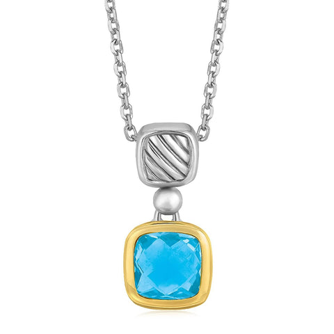 18K Yellow Gold and Sterling Silver Necklace with Cushion Blue Topaz Pendant