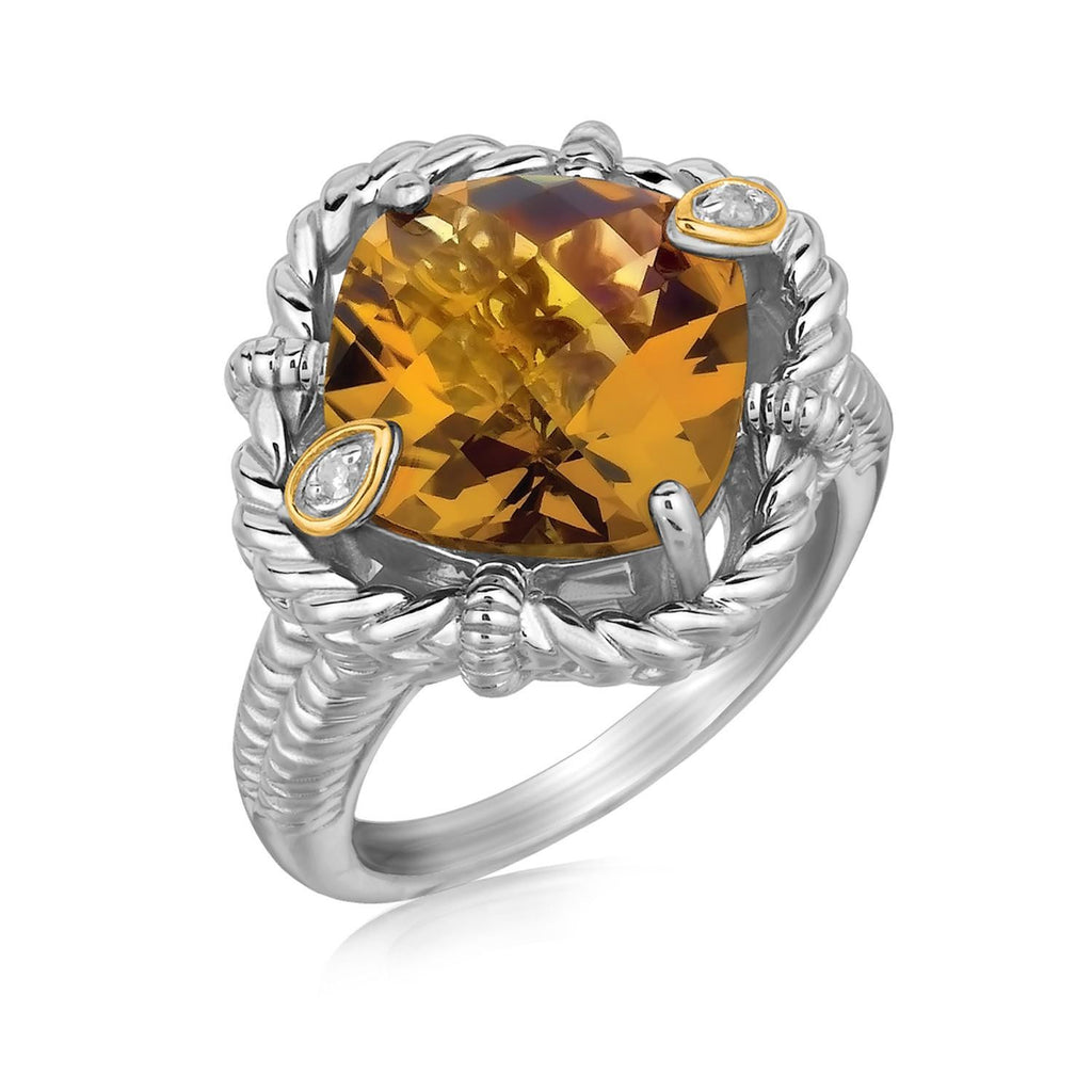 18K Yellow Gold and Sterling Silver Cushion Whisky Quartz and Diamond Ring