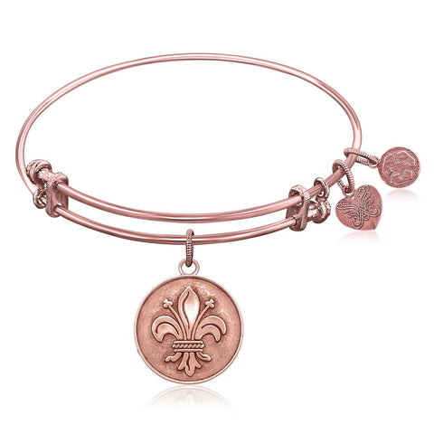 Expandable Bangle in Pink Tone Brass with Fleur-De-Lis Symbol