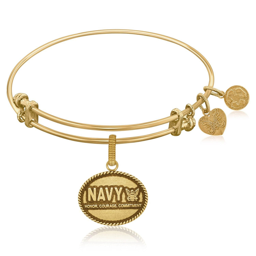 Expandable Bangle in Yellow Tone Brass with Navy Honor Courage Commitment Symbol