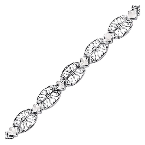 14K White Gold Antique Vintage Look Filigree Oval Link Bracelet