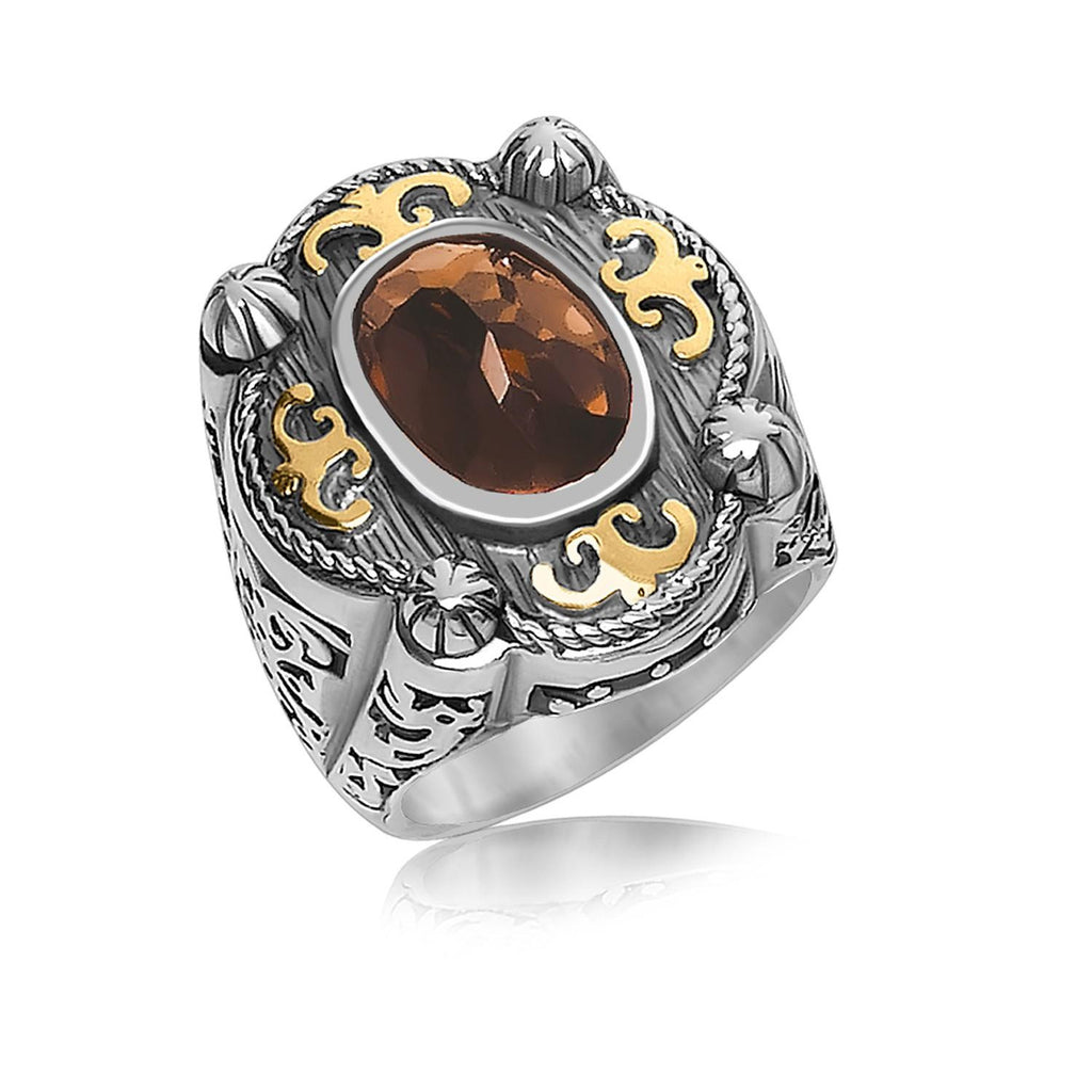 18K Yellow Gold and Sterling Silver Oval Smokey Quartz Filigree Design Ring