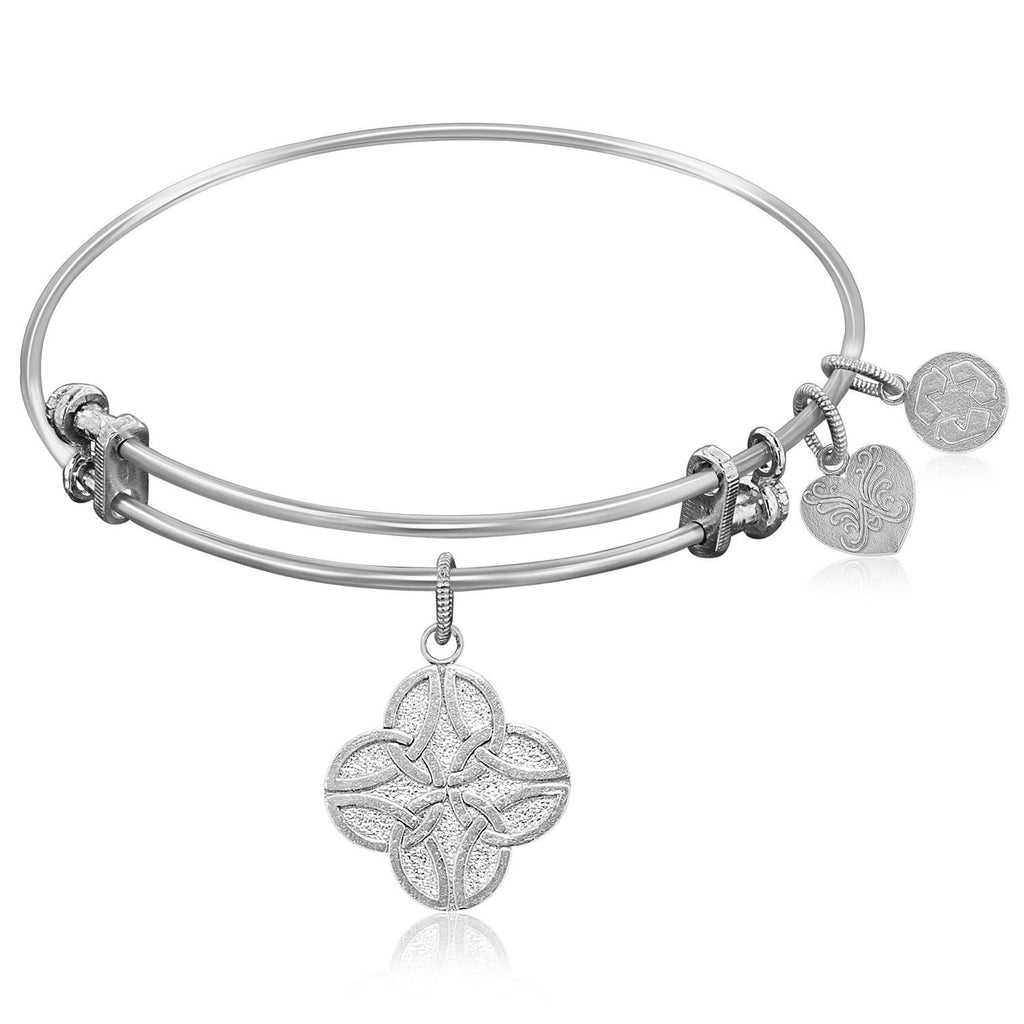 Expandable Bangle in White Tone Brass with Celtic Four Knot Good Fortune Symbol