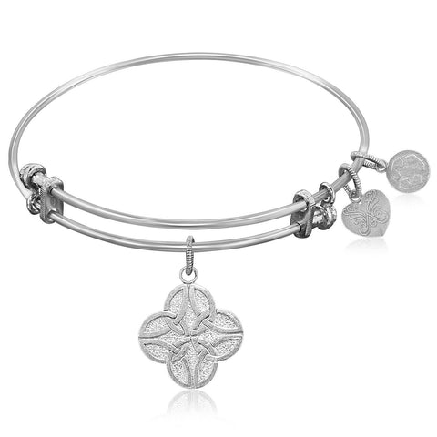 Expandable Bangle in White Tone Brass with Celtic Four Knot Good Fortune Symbol