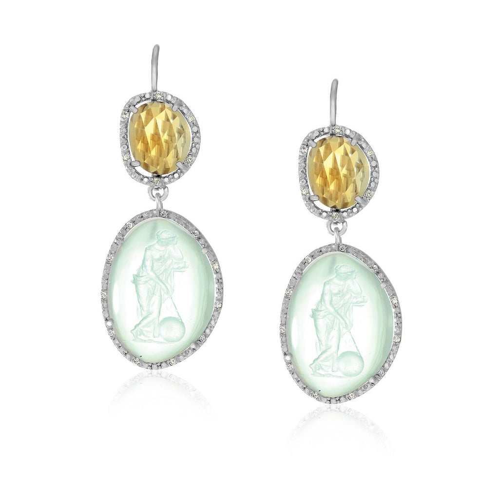 Sterling Silver Glass Cameo and Citrine Earrings with Diamonds