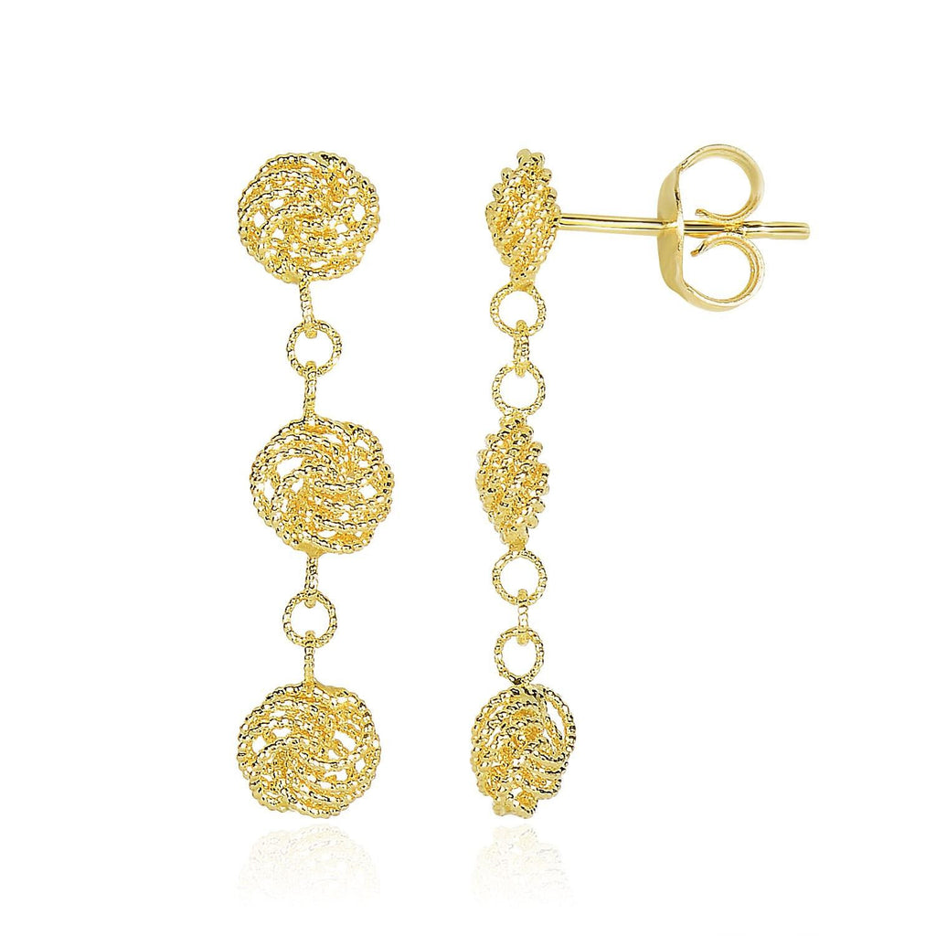 14K Yellow Gold Bead Texture Multi-Layer Knot Dangling Earrings