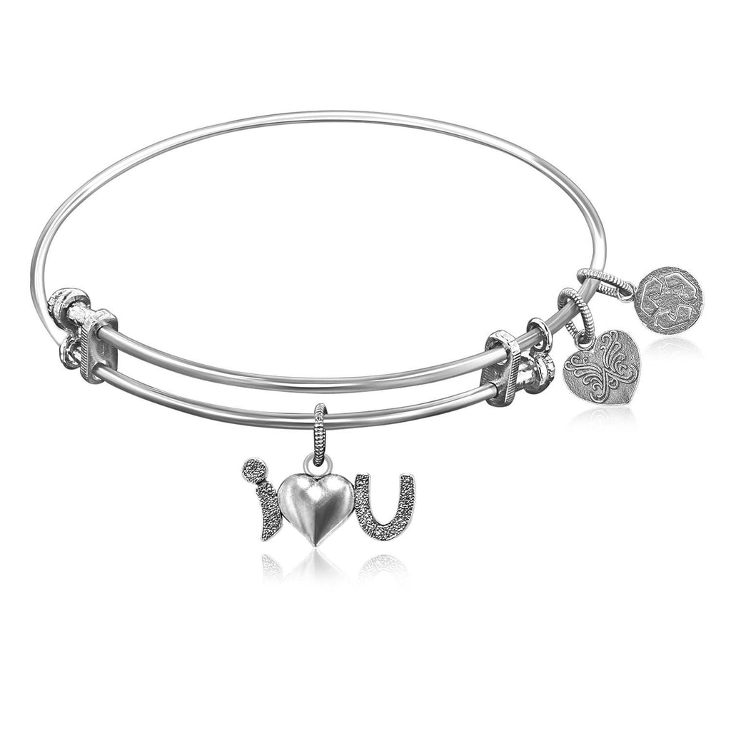 Expandable Bangle in White Tone Brass with  I Love You Symbol