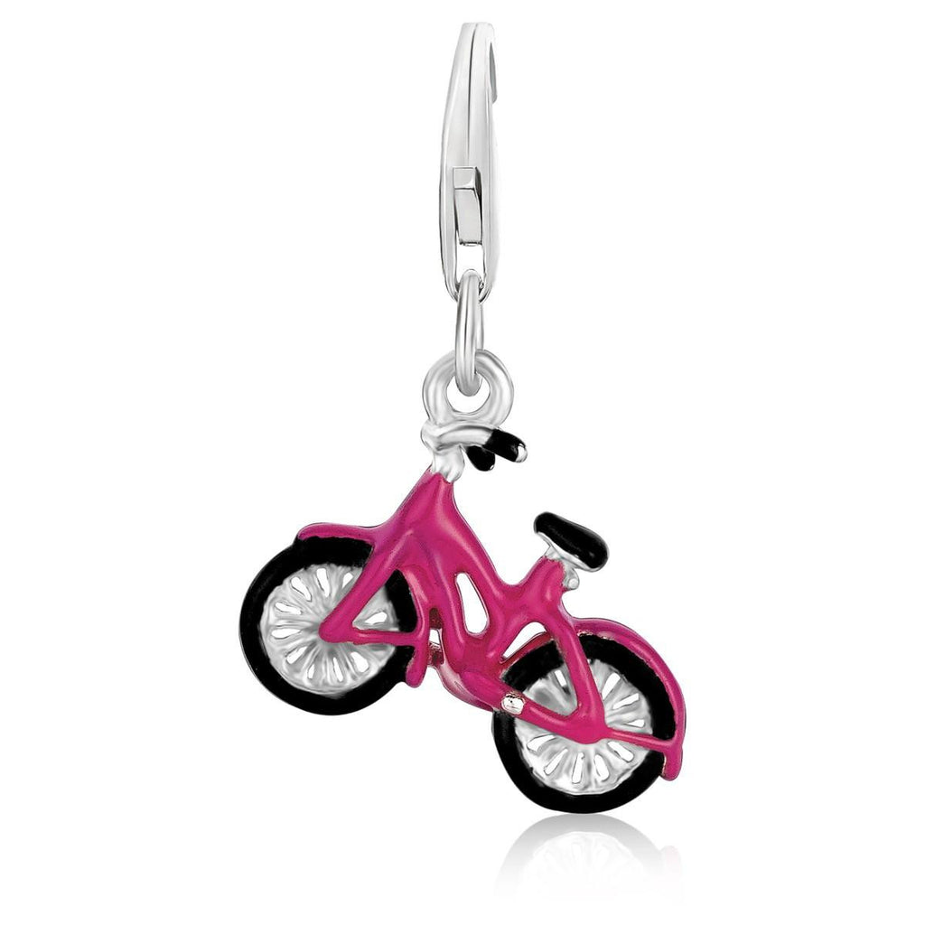 Sterling Silver Bicycle Charm with Black and Pink Enamel Coating