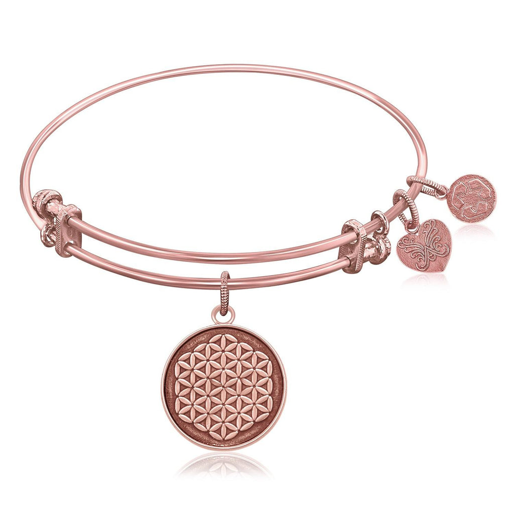 Expandable Bangle in Pink Tone Brass with Sacred Geometry Flower Of Life