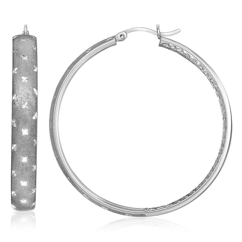 Sterling Silver Star Texture Design Round Hoop Earrings