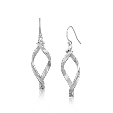 14K White Gold Twisted Freeform Oval Drop Earrings