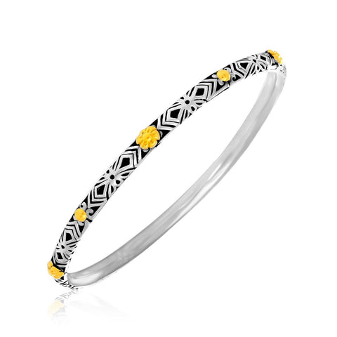 18K Yellow Gold & Sterling Silver Patterned Floral Slim Bangle