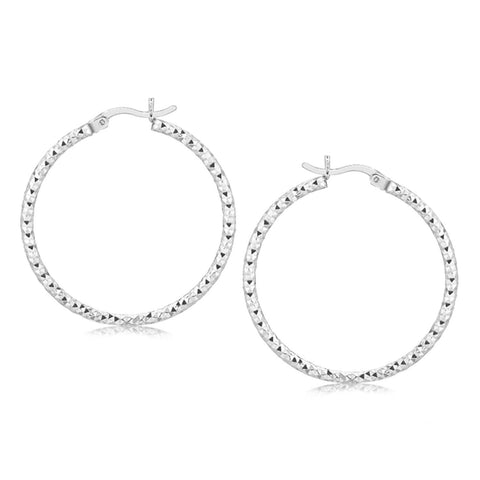 Sterling Silver Rhodium Plated Woven Style Polished Hoop Earrings