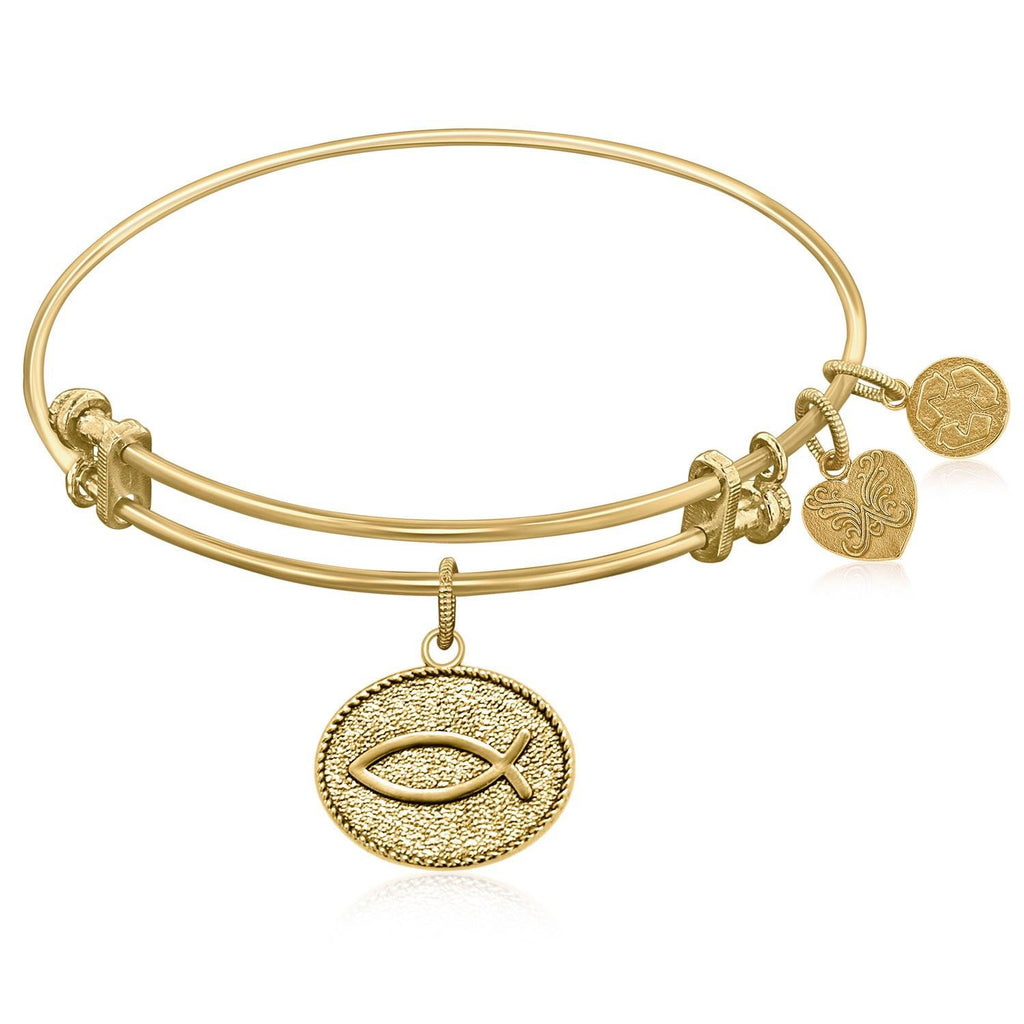 Expandable Bangle in Yellow Tone Brass with Christian Fish Ichthys Symbol