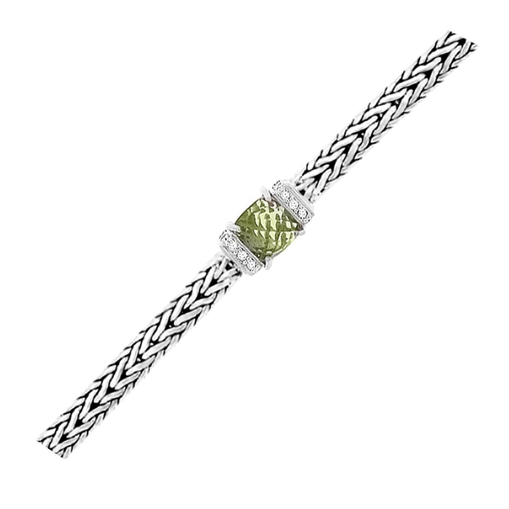 Sterling Silver Weave Bracelet with Green Amethyst and White Sapphires