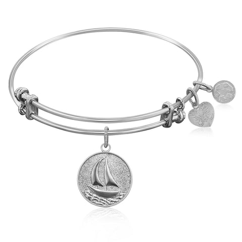 Expandable Bangle in White Tone Brass with Sailboat Smooth Journey Symbol