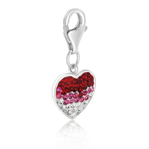 Sterling Silver Heart Style Charm with Red, Pink, and White Tone Crystal Accents