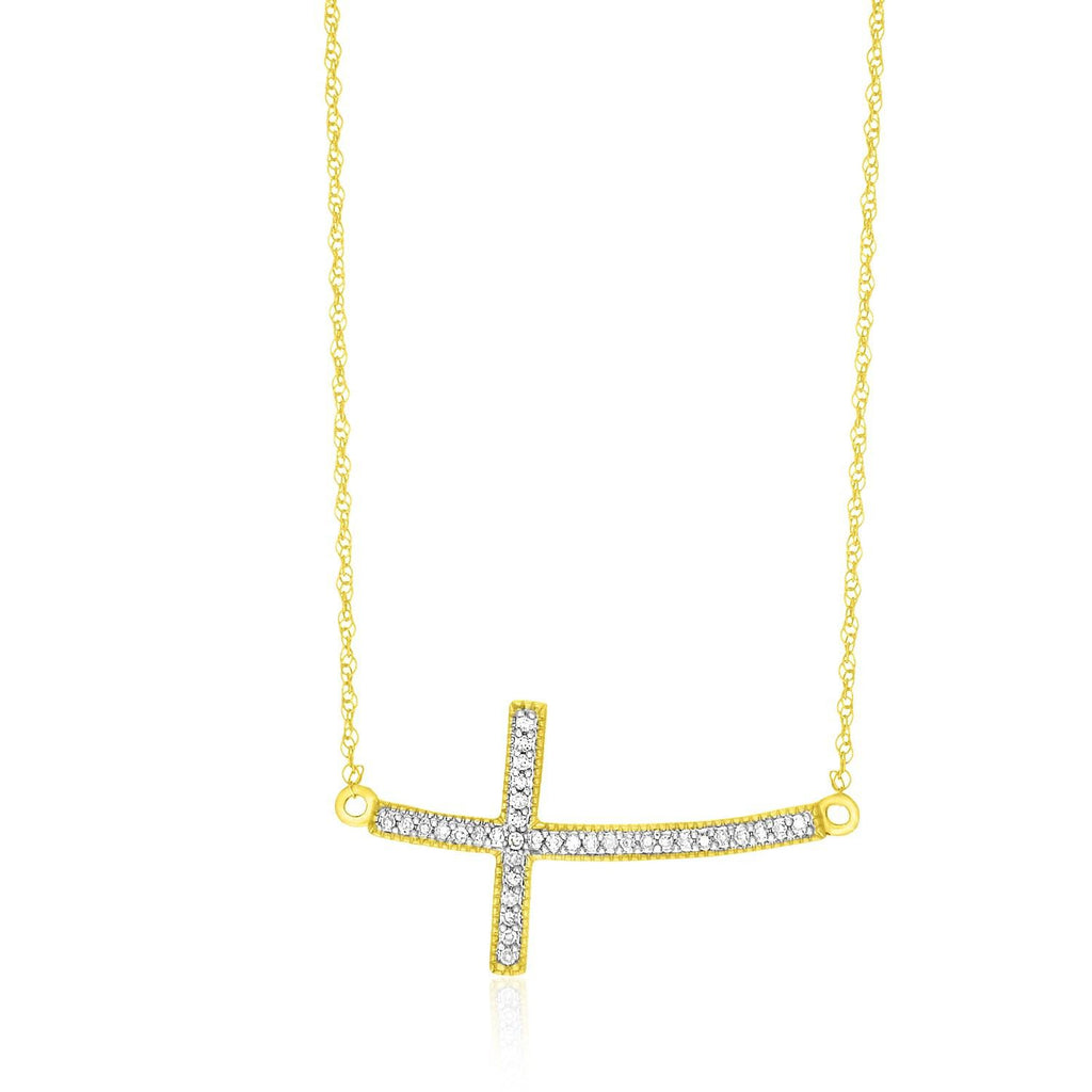 14K Yellow Gold Curved Cross Diamond Embellished Necklace