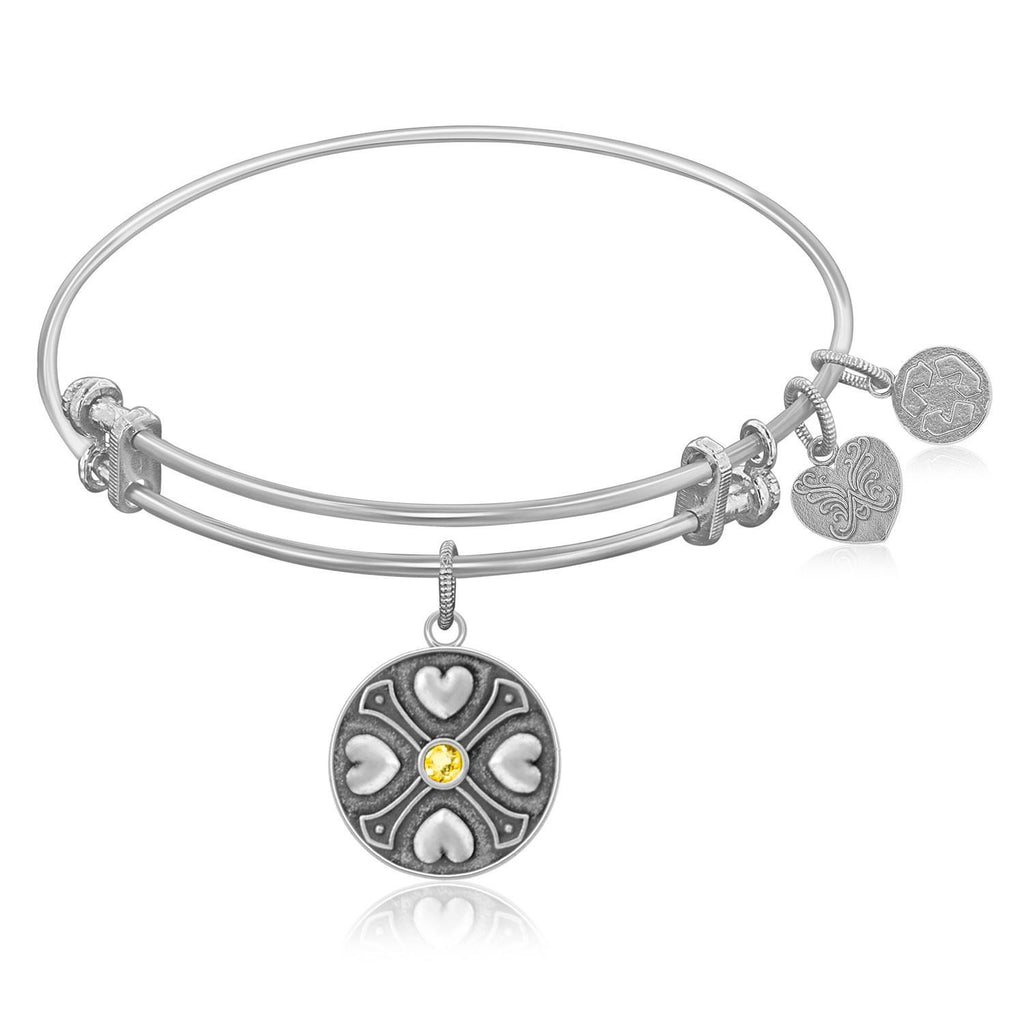 Expandable Bangle in White Tone Brass with Yellow Topaz November Symbol