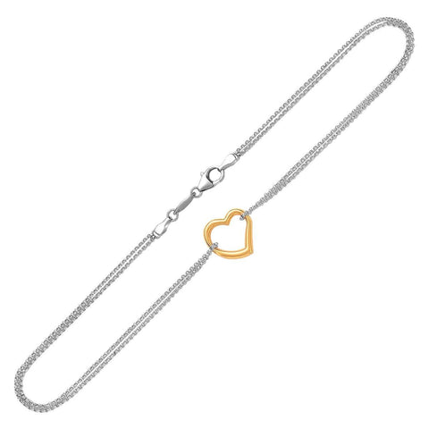 14K Yellow Gold and Sterling Silver Anklet with a Single Open Heart Station