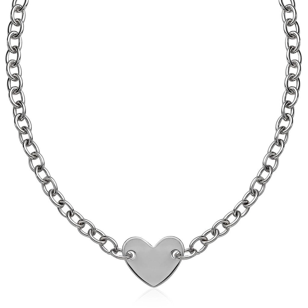 Sterling Silver Rhodium Plated Chain Bracelet with a Flat Heart Motif Station