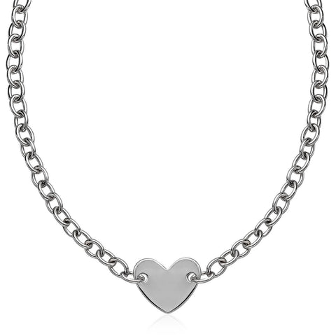 Sterling Silver Rhodium Plated Chain Bracelet with a Flat Heart Motif Station