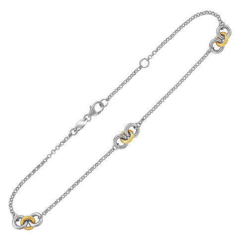 14K Yellow Gold and Sterling Silver Triple Ring Stationed Anklet