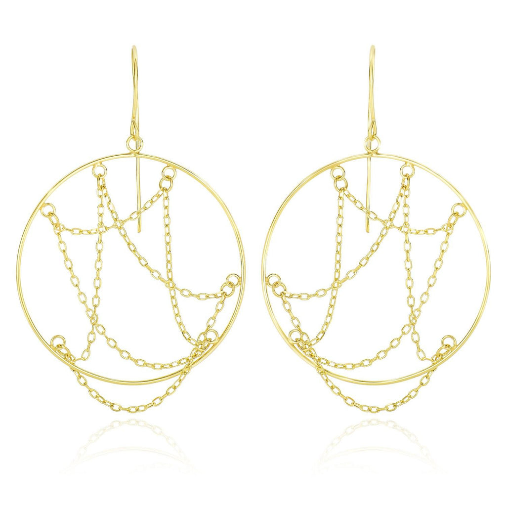 14K Yellow Gold Cable Chain Web Design Open Circle Earrings