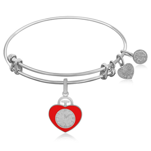 Expandable Bangle in White Tone Brass with Heart Badge Symbol